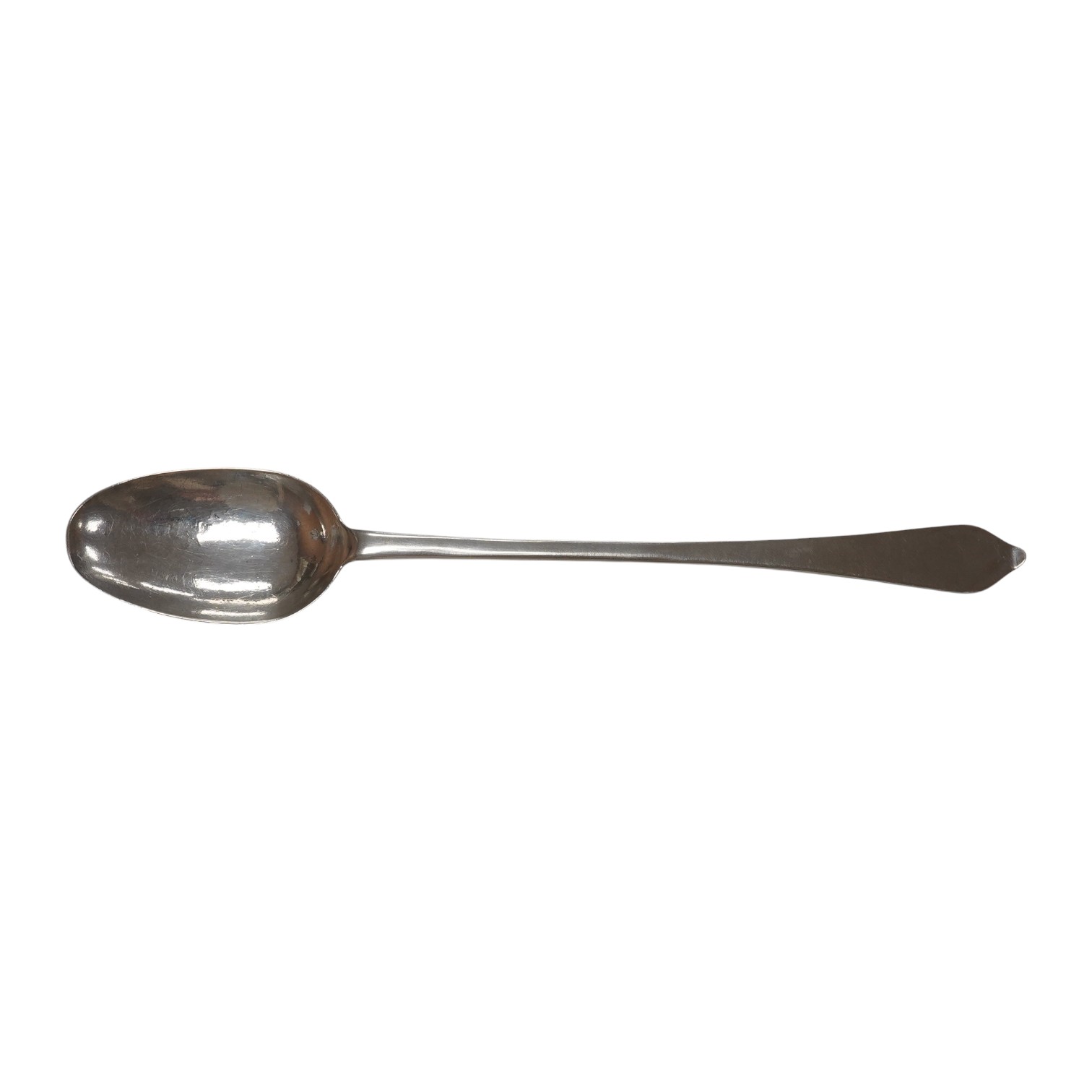 A Queen Anne silver dog nose basting spoon, with rat tail bowl, by William Scarlett, with engraved dated armorial to the terminal, London 1708, 32cm length, 95g. Condition - poor to fair